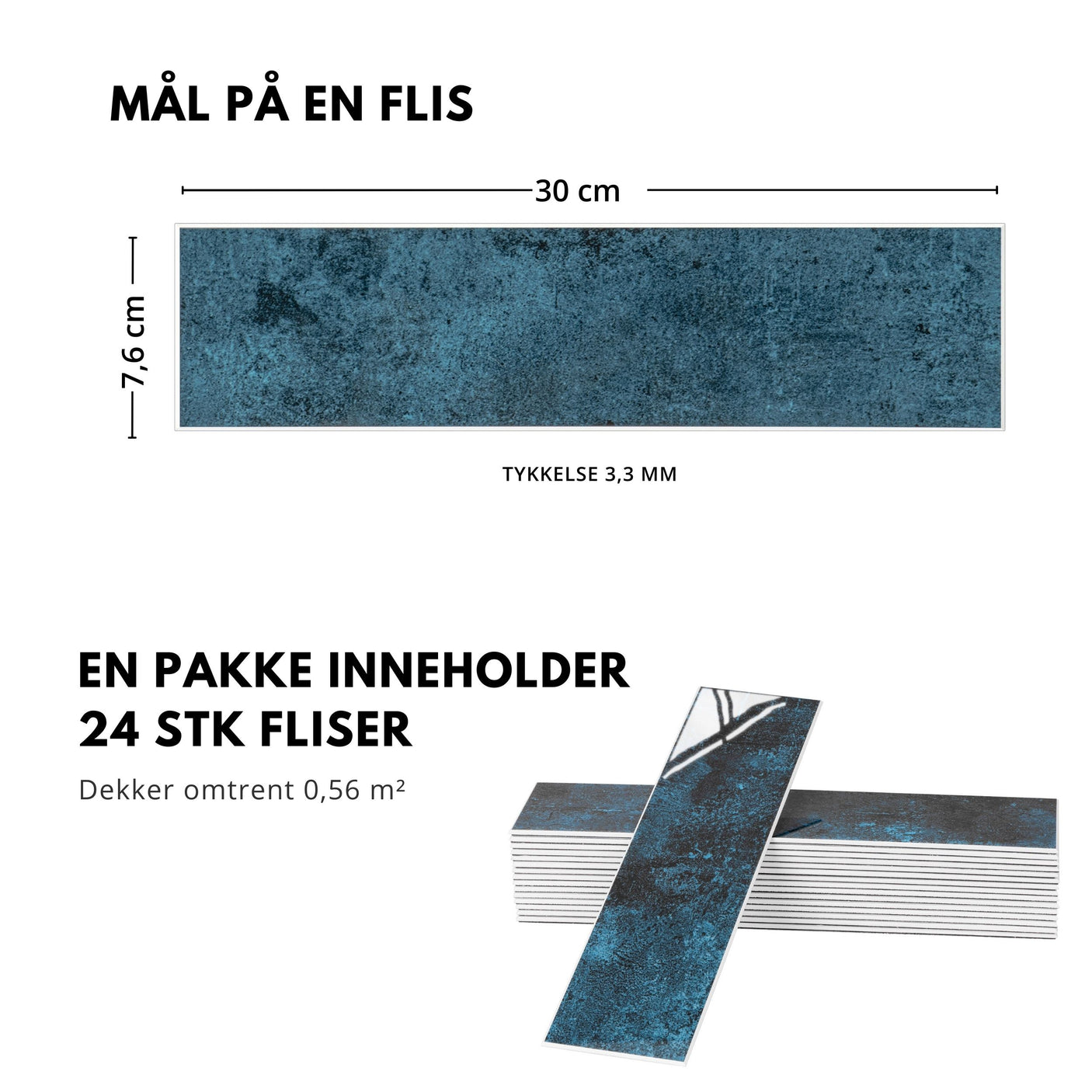 Louise Gloss Blå selvklebende flis – mål 30 x 7,6 cm, tykkelse 3,3 mm. Moderne blå fliser til kjøkken og bad.