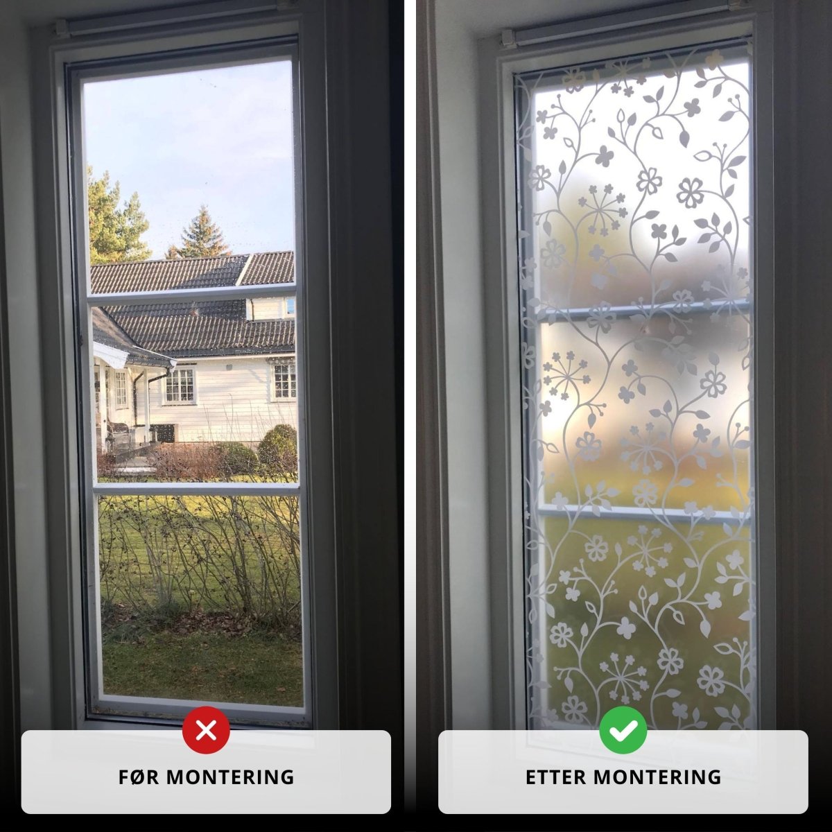 Vindusfolie med småblomstret mønster på statisk festemetode