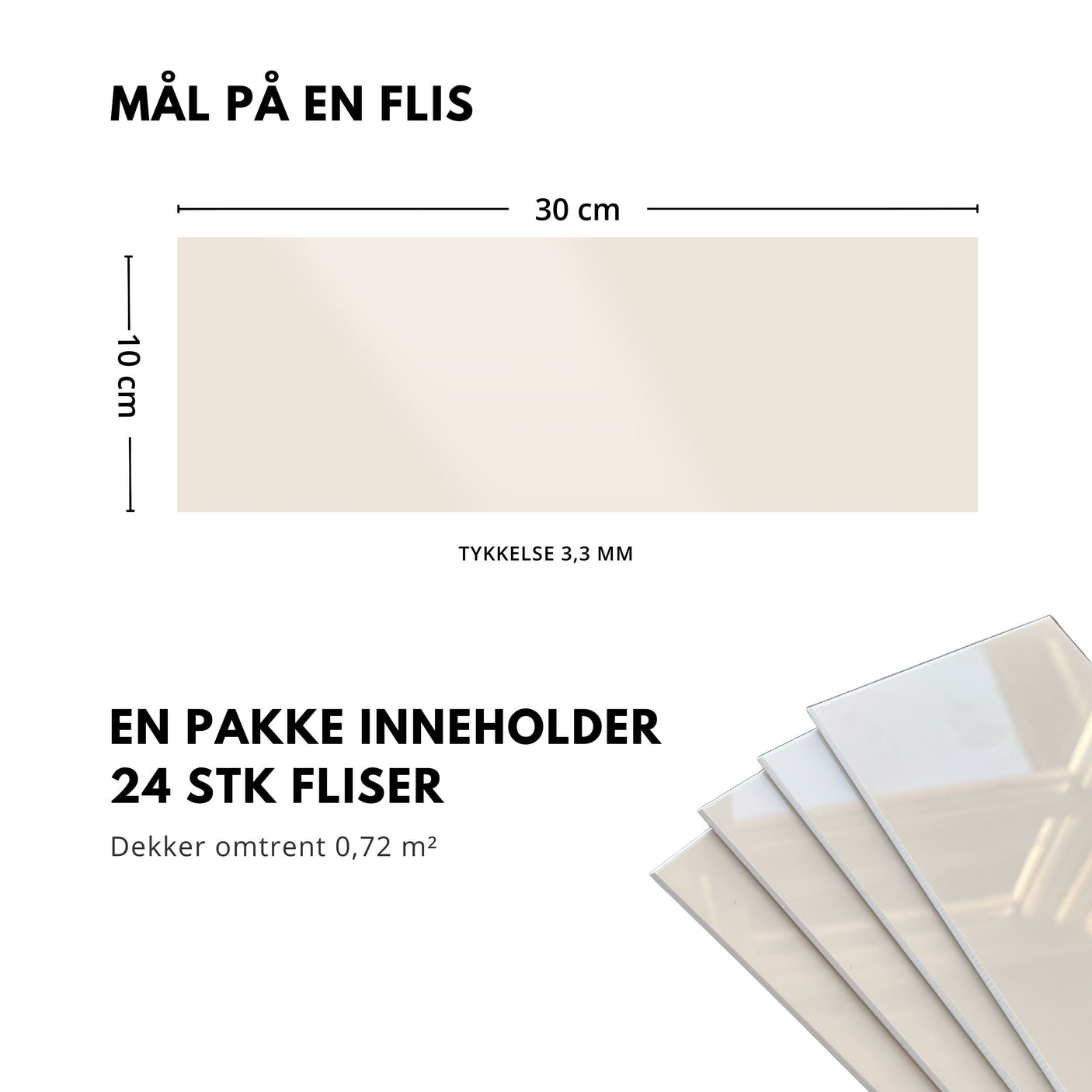 Hailey flis: 30×10 cm, 3,3 mm tykk. 24 stk per pakke – dekker ca. 0,72 m².