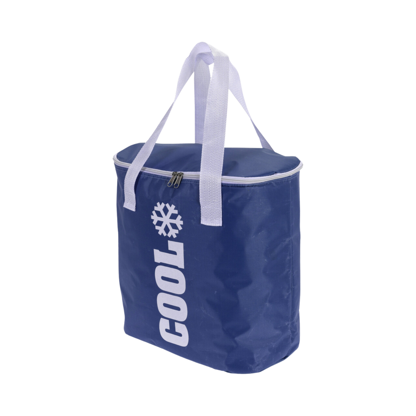 Blå kjølebag med hvite håndtak og glidelås sett fra siden, perfekt til strandtur.