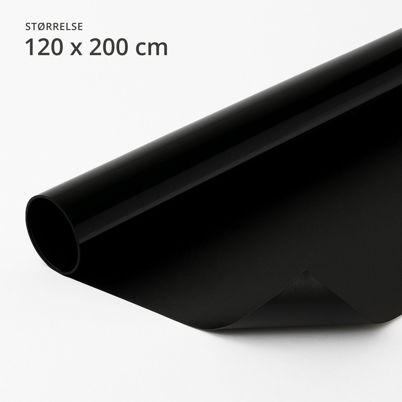 Sort blackout vindusfolie 120 x 200 cm på rull – effektiv solskjerming som blokkerer alt lys og gir mørklegging på soverom, kontor eller TV-rom