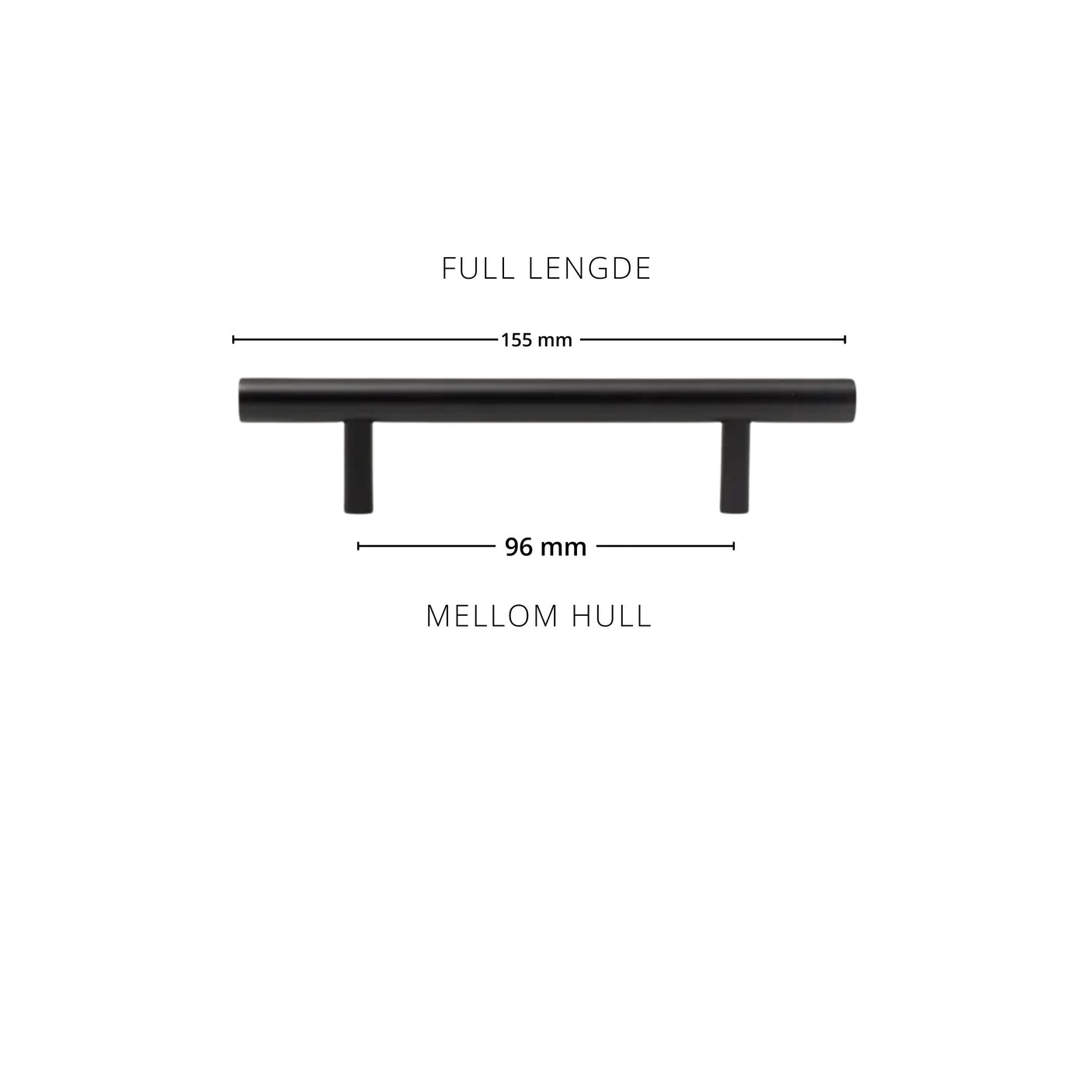 Teknisk tegning med målskisse av Madrid håndtak i sort matt. Viser lengde og dimensjoner.