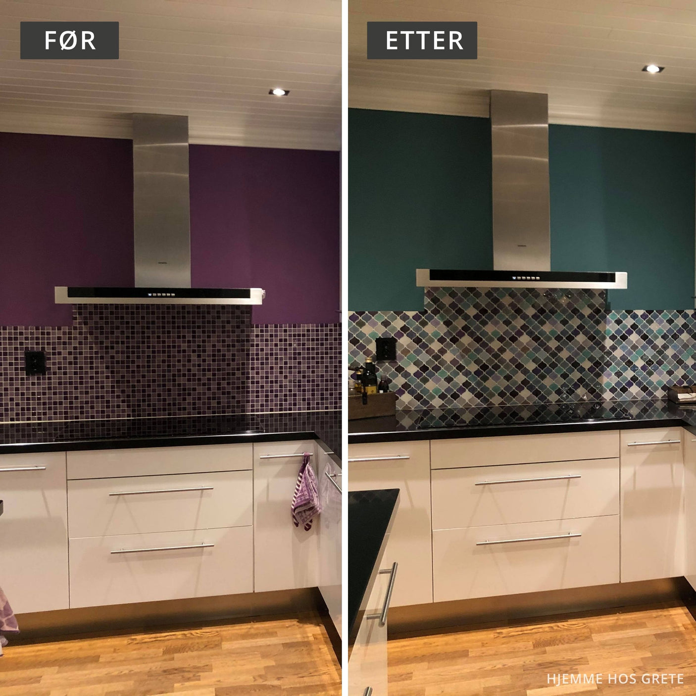 Dekorative selvklebende veggfliser i blå og grønn med lanterne-mønster.