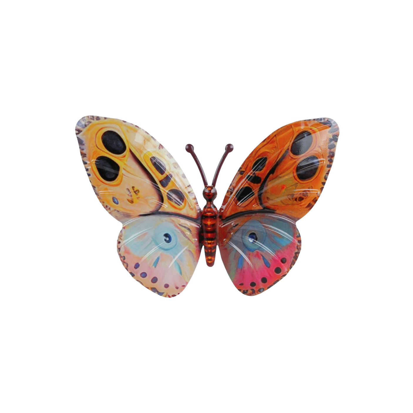 Fargerik metallsommerfugl vist rett forfra på hvit bakgrunn.