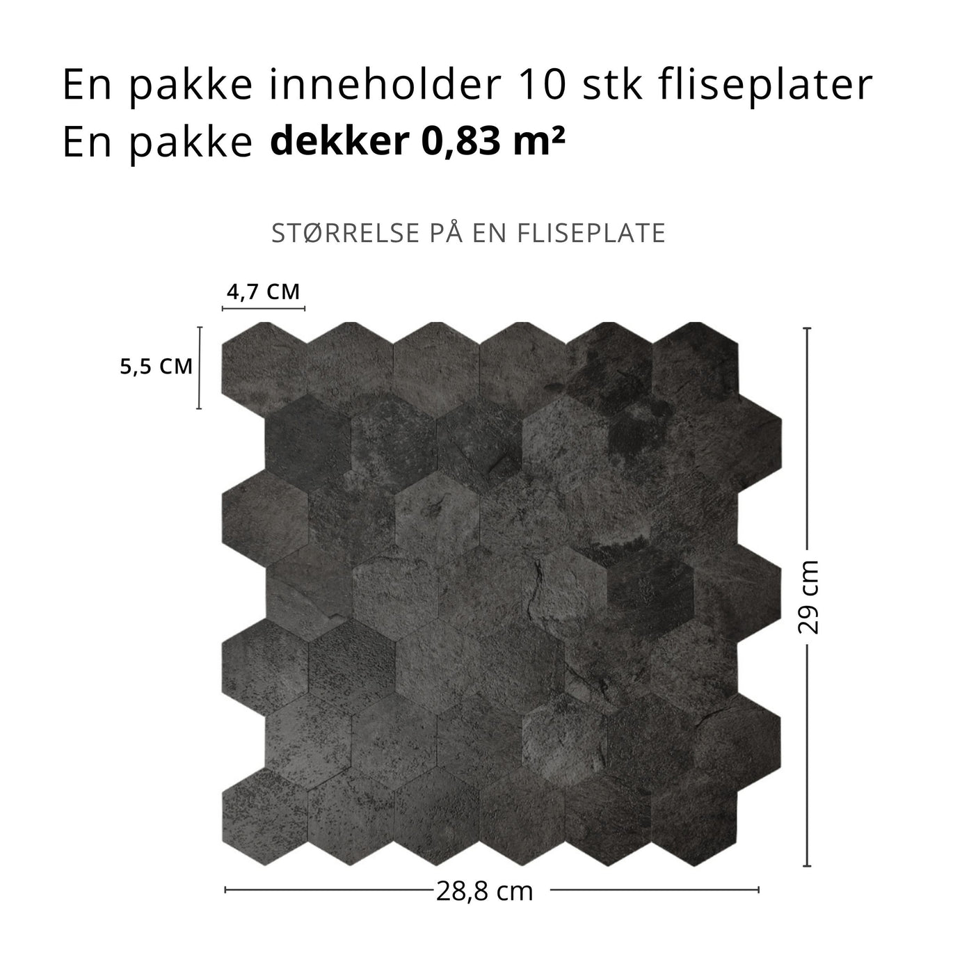 10-pk Hexagon mørkegrå betong selvklebende veggfliser