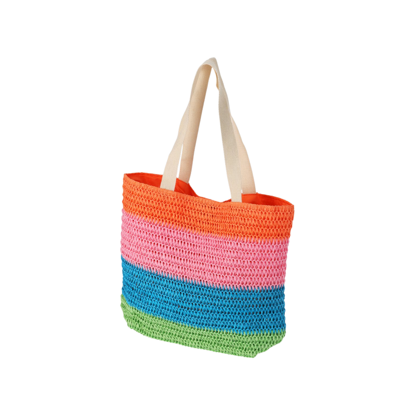 Fargerik strandbag i oransje, rosa, blått og grønt med beige håndtak, ideell til strand og sommeraktiviteter.