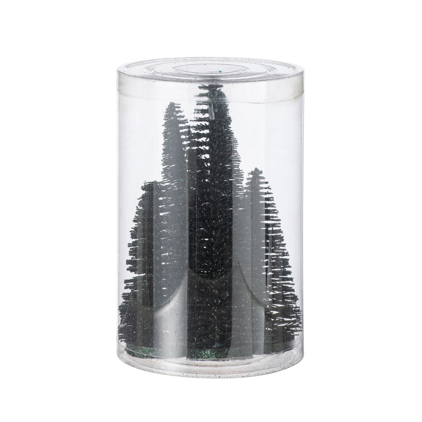 Sett med fire mørkegrønne miniatyrjuletrær med glitter, pakket i gjennomsiktig sylindereske.