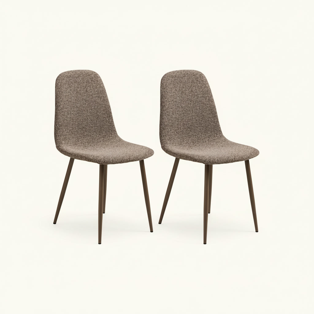 2-pk House Nordic Stockholm spisestoler i lys brun polyesterstoff med metallben – moderne nordisk design.