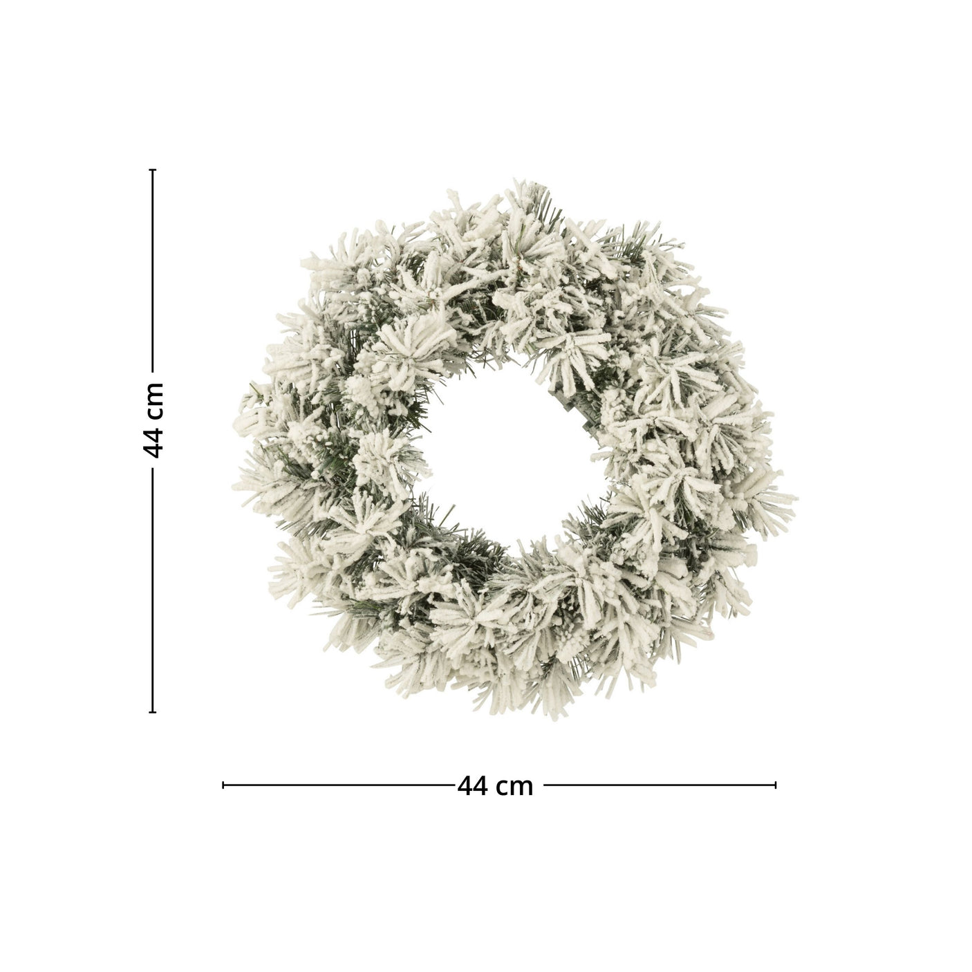 Snødekket julekrans med diameter 44 cm, produktbilde med mål.