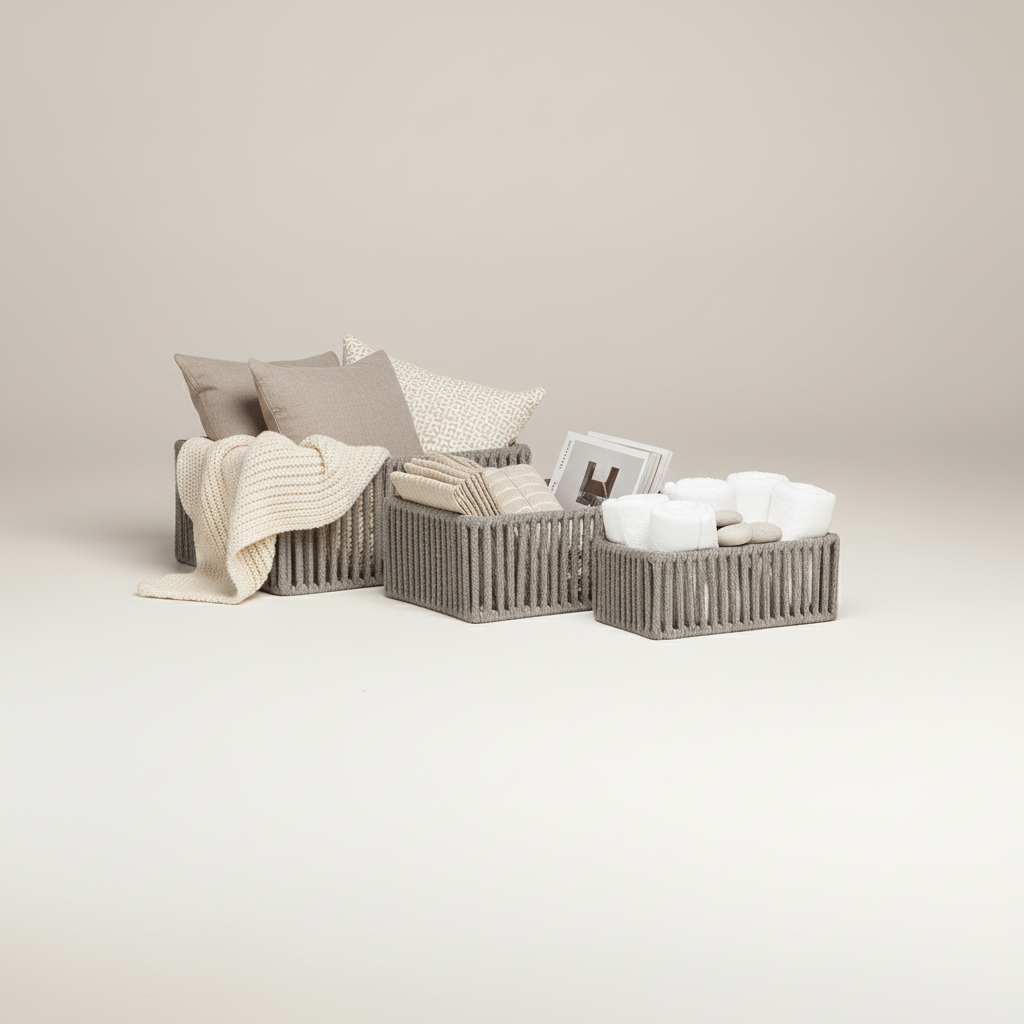 Tre Arese kurver i grå bomull med metallramme – sett á 3 stk oppbevaringskurver