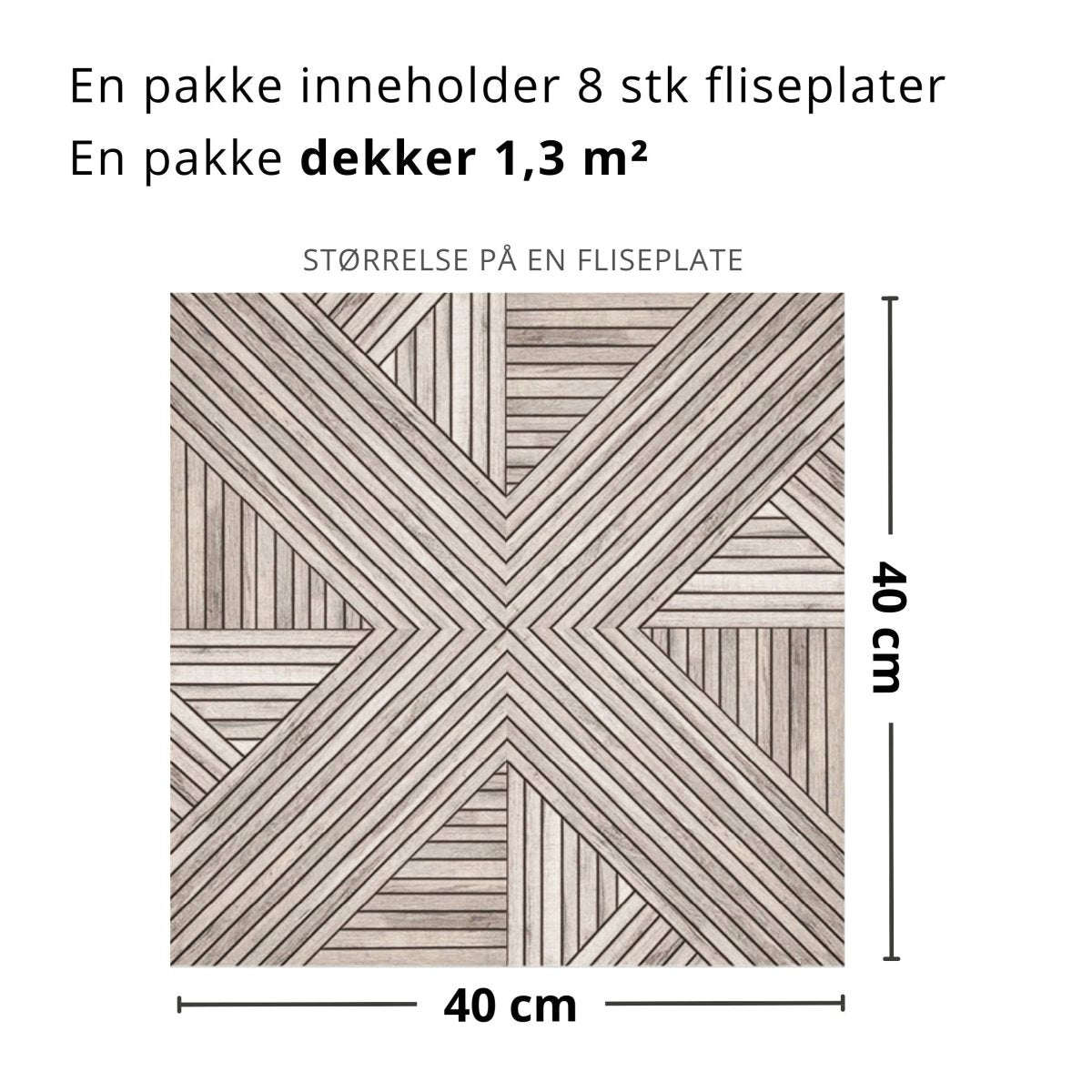 Grafiske selvklebende fliser i beige trelook til kjøkken og gang