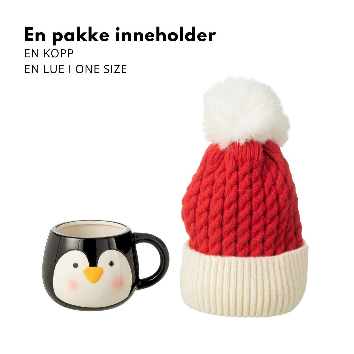 Sort pingvinkopp og rød lue med hvit dusk stående, på hvit bakgrunn.