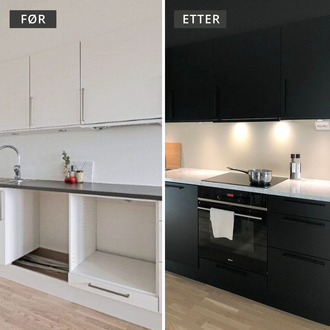 Sort kjøkken med marmor benkeplate kjøkkenkit