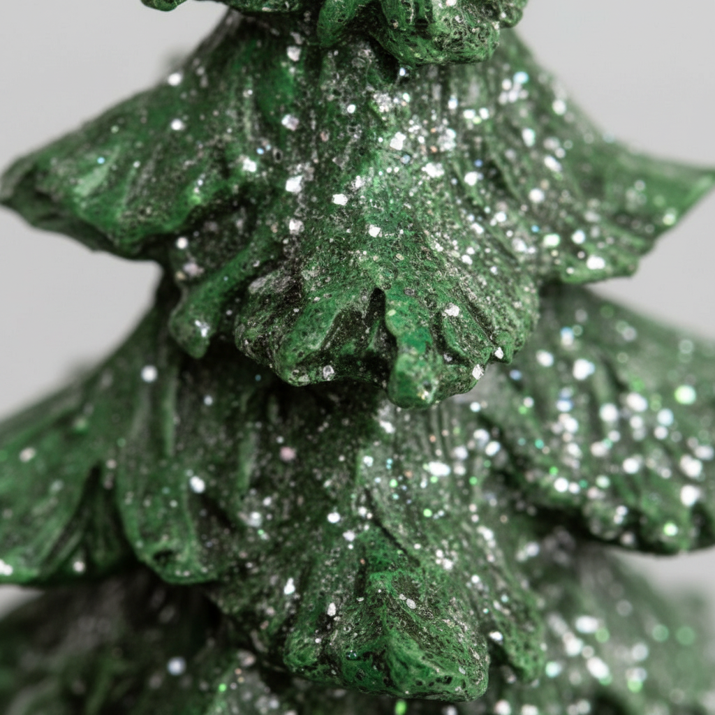 Juletre med snø i nærbilde, viser naturtro grønne grener med hvit snødekor