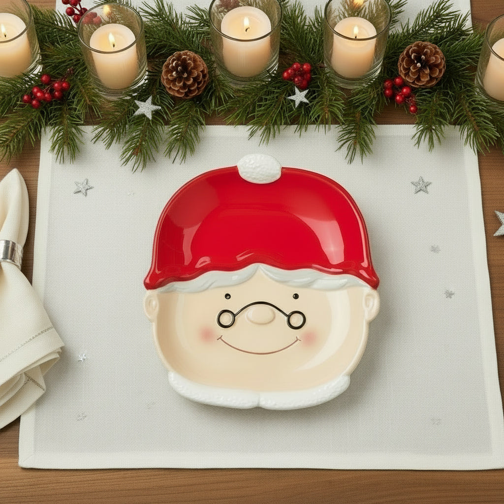 Dekorativ tallerken med nisseansikt på hvit duk med julepynt
