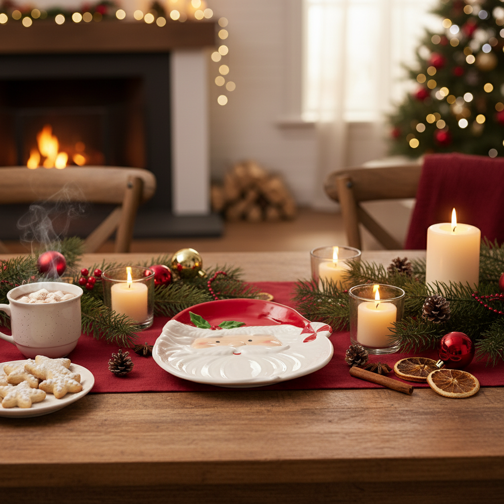 Koselig tallerken nissefar omgitt av julelys og granbar