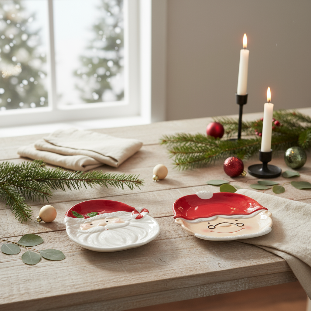 Sett med tallerken Nissemor og Nissefar på julebord med granbar