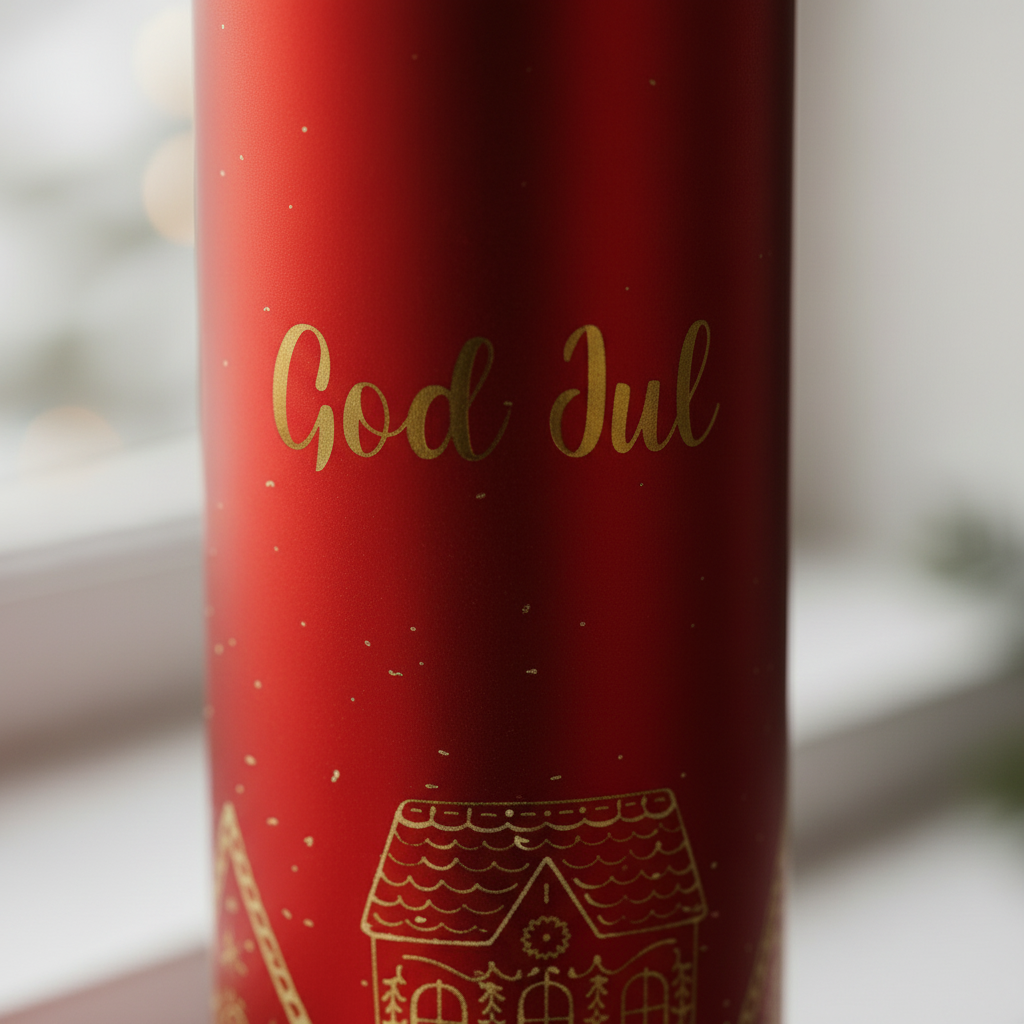 Lyslykt i metall med varme LED-lys og julemotiv av pepperkakehus