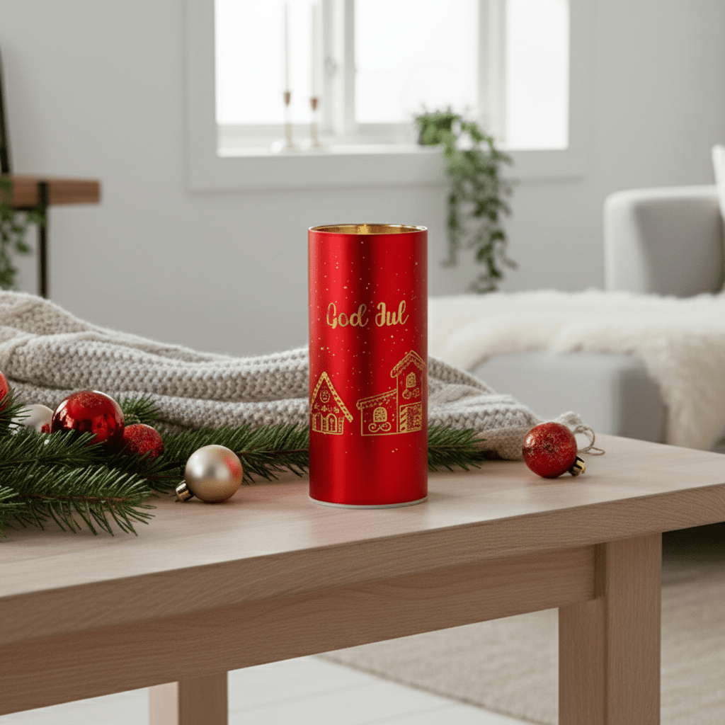 Lyslykt LED God Jul rød 7 x 15 cm - Lindas Dekor