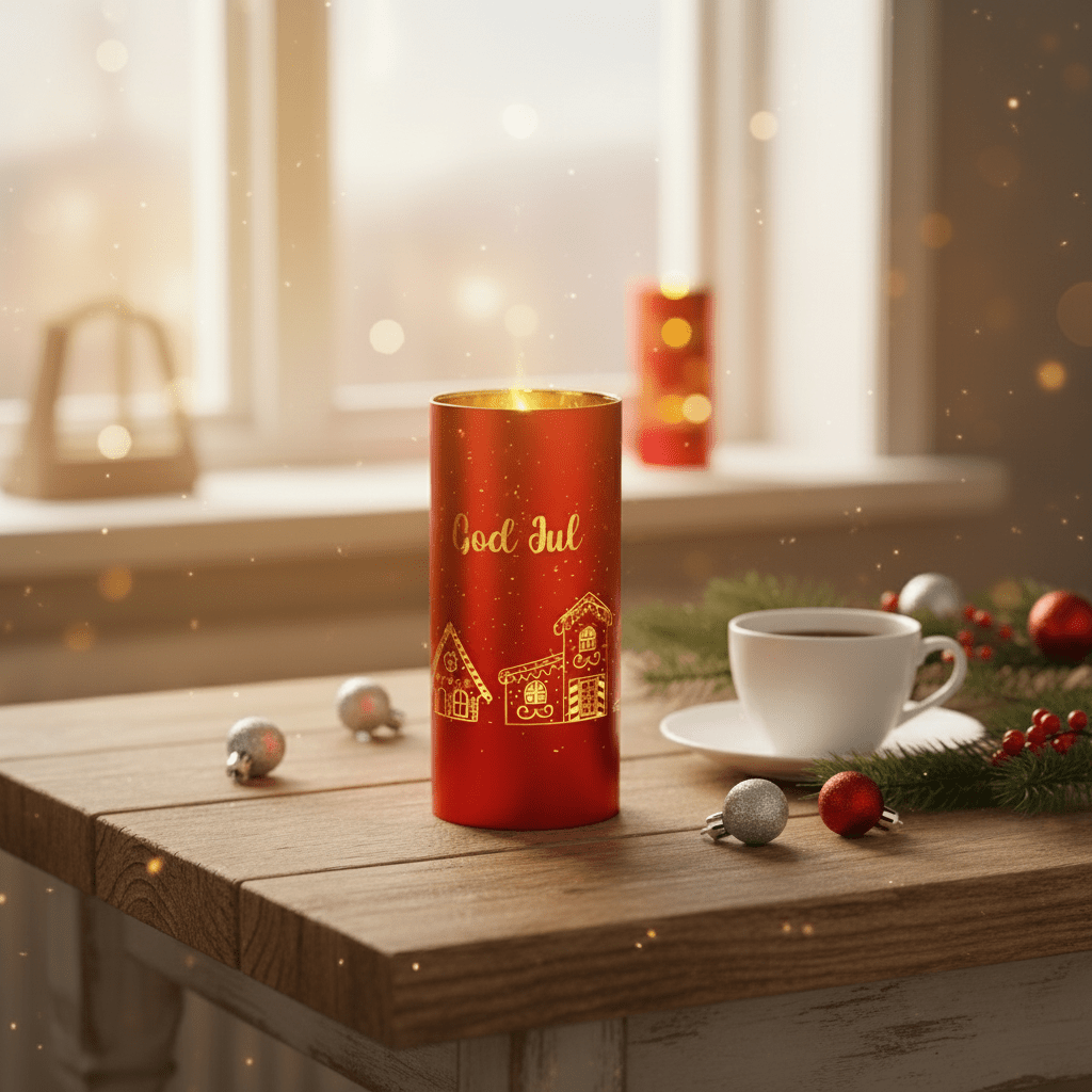 Lyslykt LED God Jul rød 7 x 15 cm - Lindas Dekor