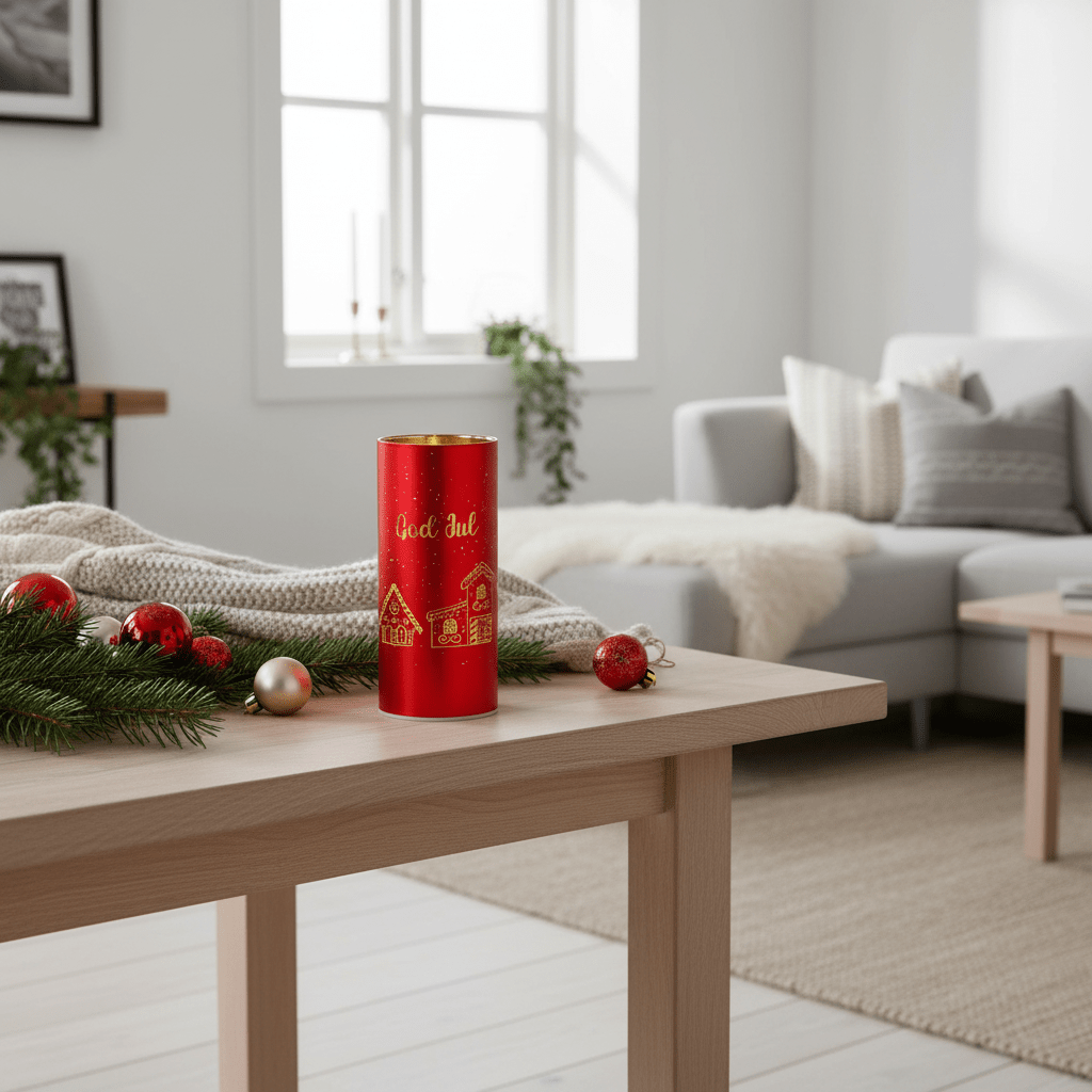Lyslykt LED God Jul rød 7 x 15 cm - Lindas Dekor