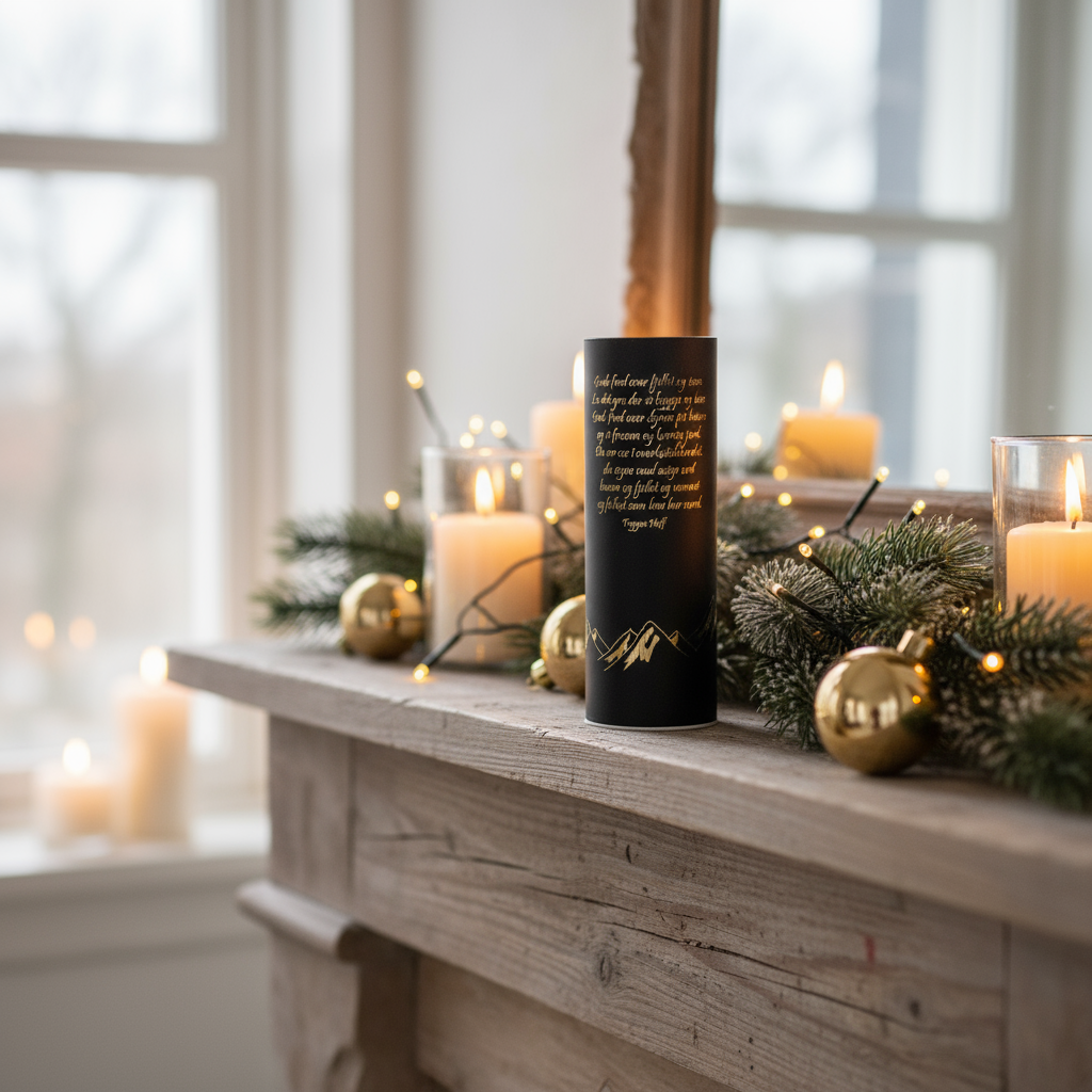 Høy sort lyslykt med gulltekst og innebygd LED-lys jul julelys