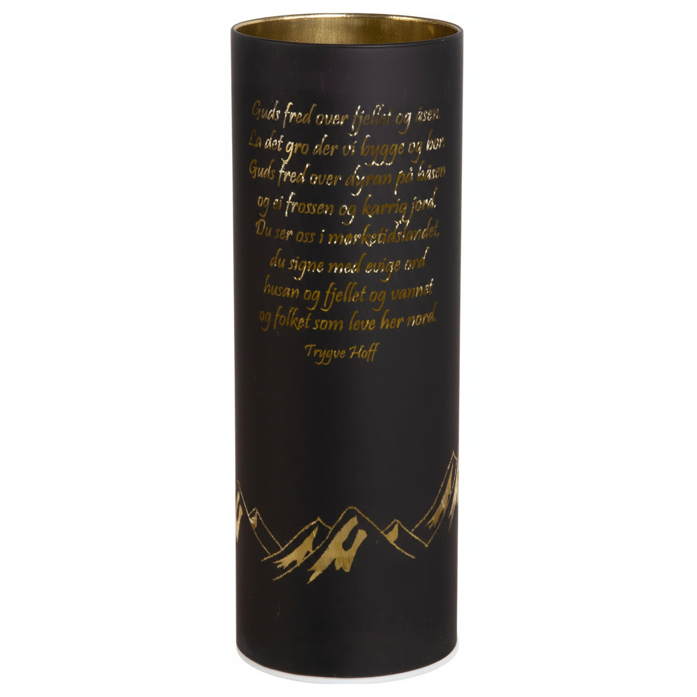 Høy sort lyslykt med gulltekst og innebygd LED-lys jul