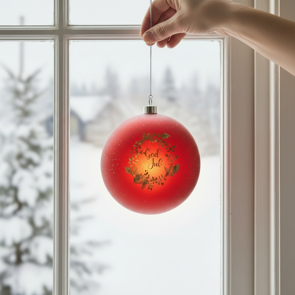 Lyslykt LED rund rød "God Jul" 15 cm