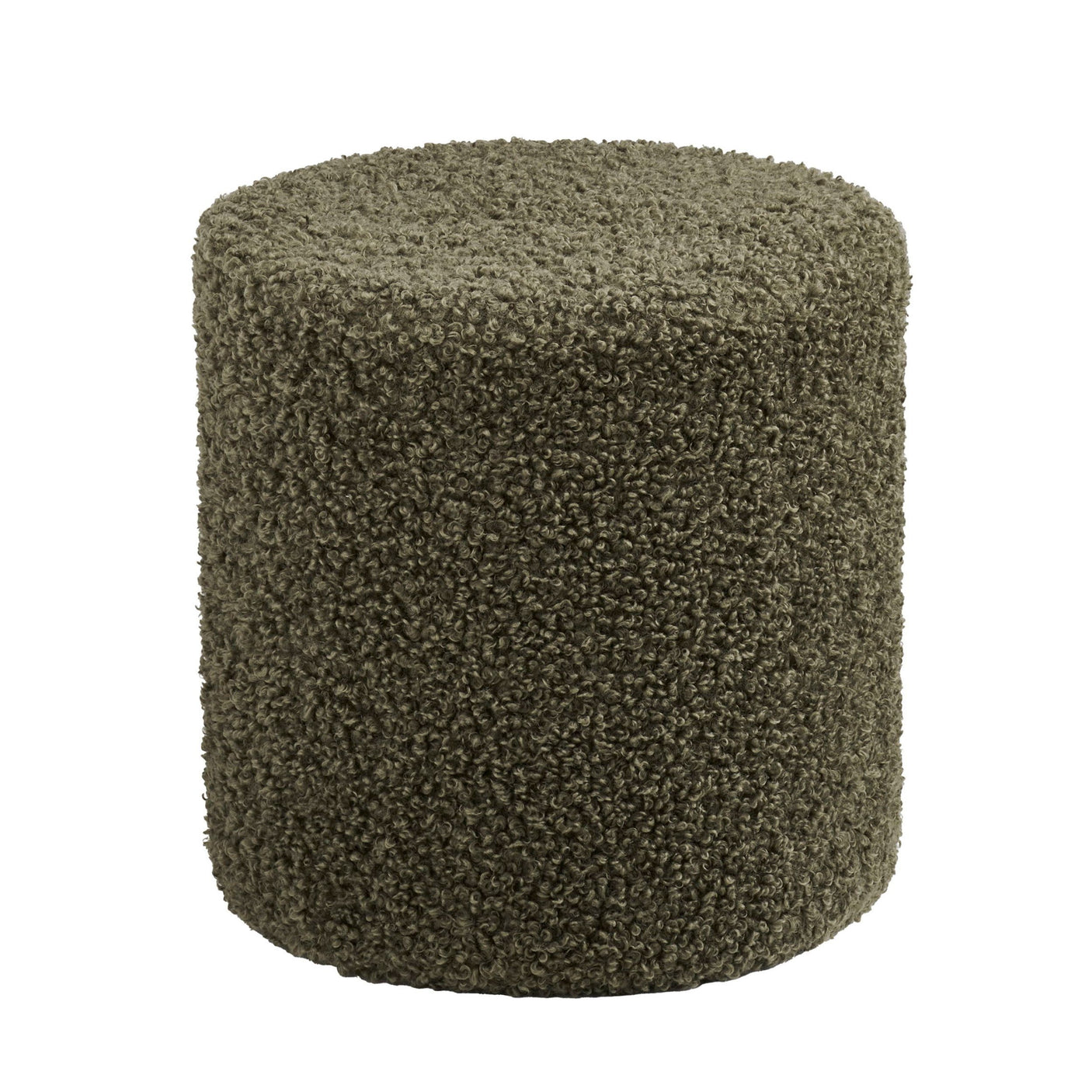 Ejby Pouf grønn puff i mykt teddy-stoff med rund form – perfekt som ekstra sitteplass, fotskammel eller dekor i stue og soverom