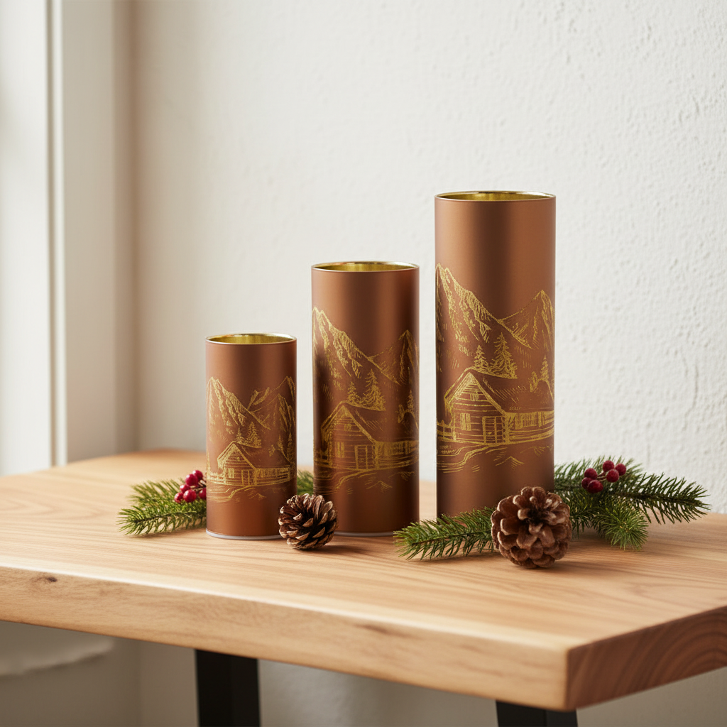 Tre LED-lykter i brun metall med utskåret fjellmotiv og teksten "Livet på hytta", i størrelsene 7x15 cm, 8x20 cm og 9x25 cm