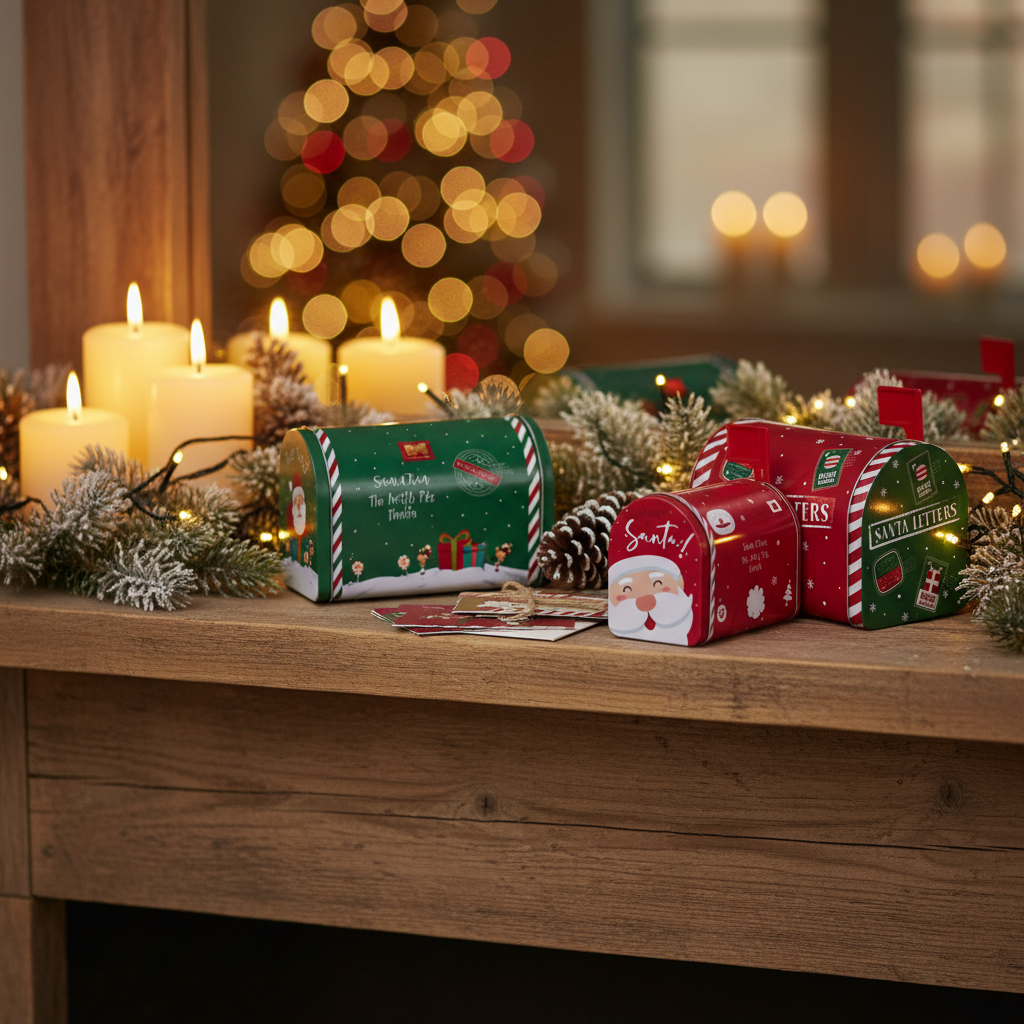 Metallboks formet som postkasse med juledesign i rødt og grønt