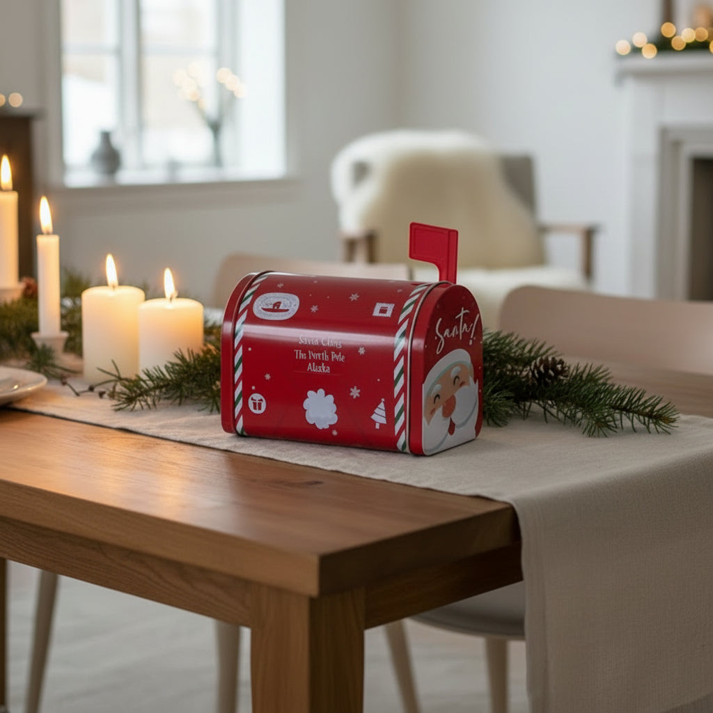 Små metallbokser i postkasseform – rød og grønn juledekor