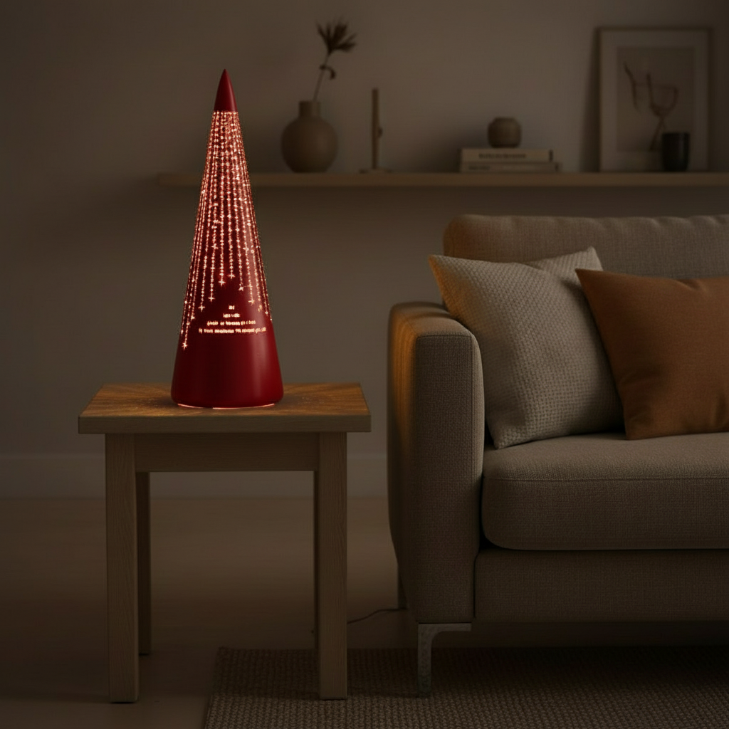 Kvadratisk bilde av rød LED-lykt med 15 LED-pærer tent i mørket