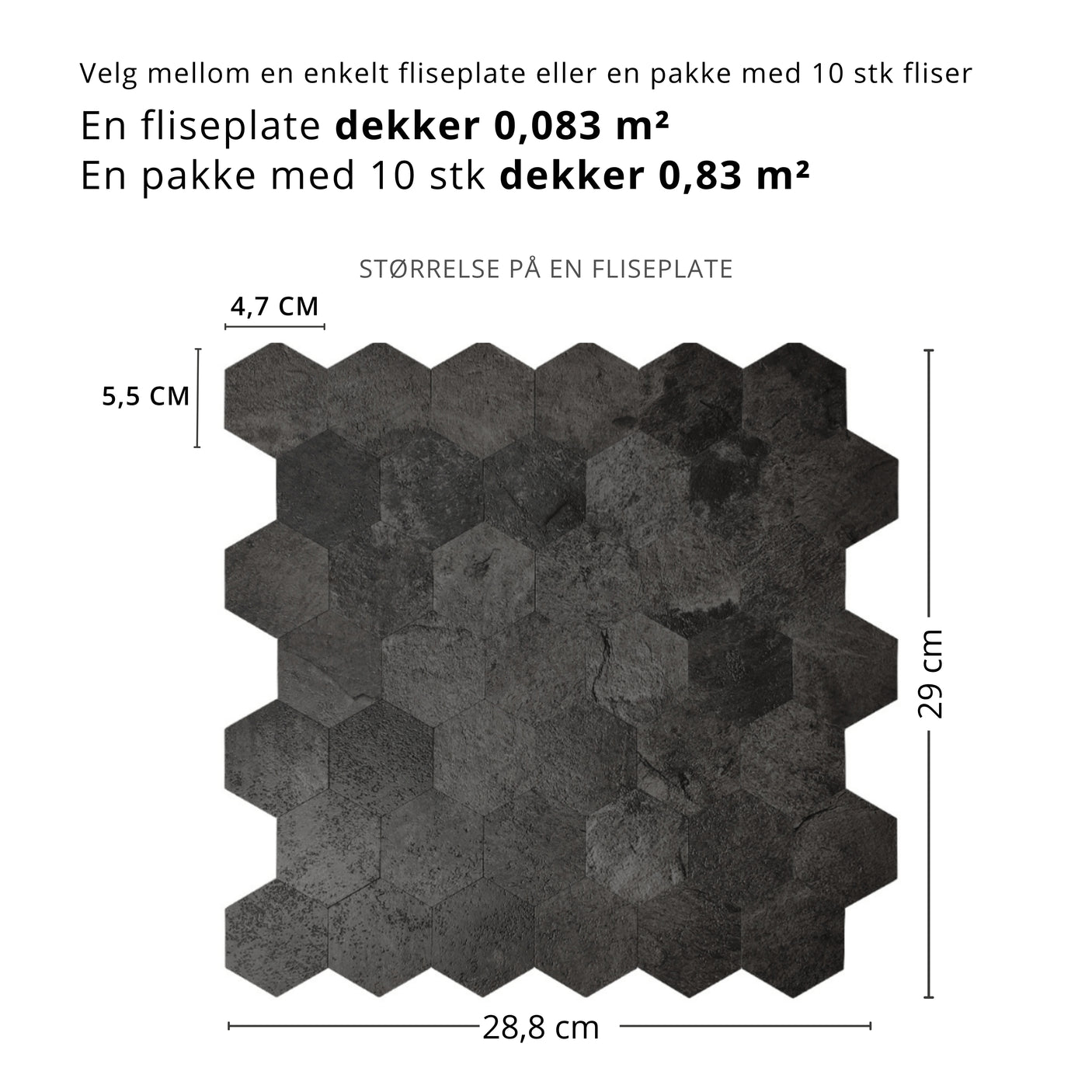 Hexagon mørkegrå betong selvklebende veggfliser