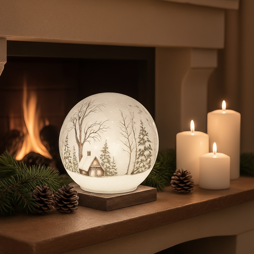 LED lyslykt i glass med vintermotiv – dekorativ julelykt med snødekt landskap, perfekt til jul og vinterdekor i hjemmet.