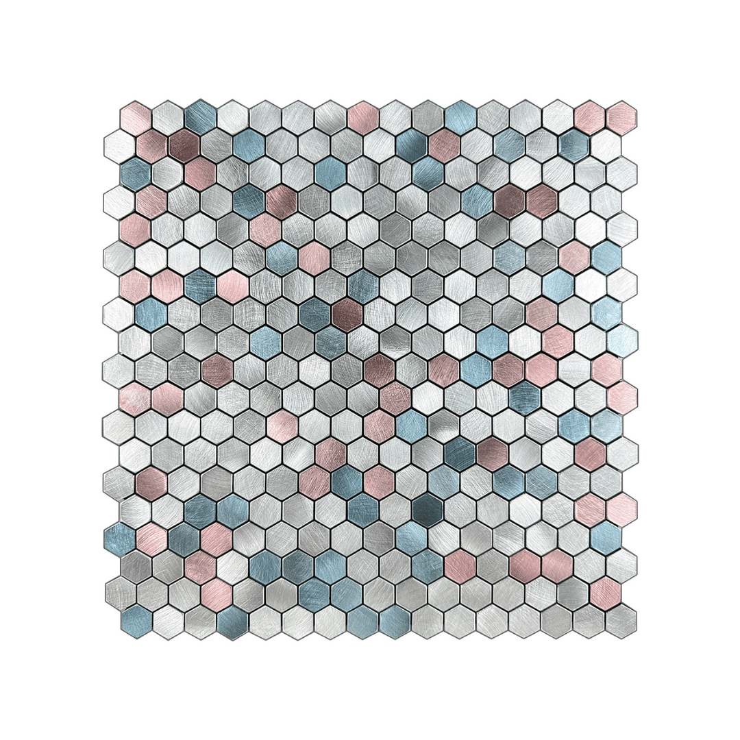Miami selvklebende veggfliser imiterer små hexagonale veggfliser i rosa, blå og grå i pastell-toner. Nydelig til oppfrisking av kjøkkenet.