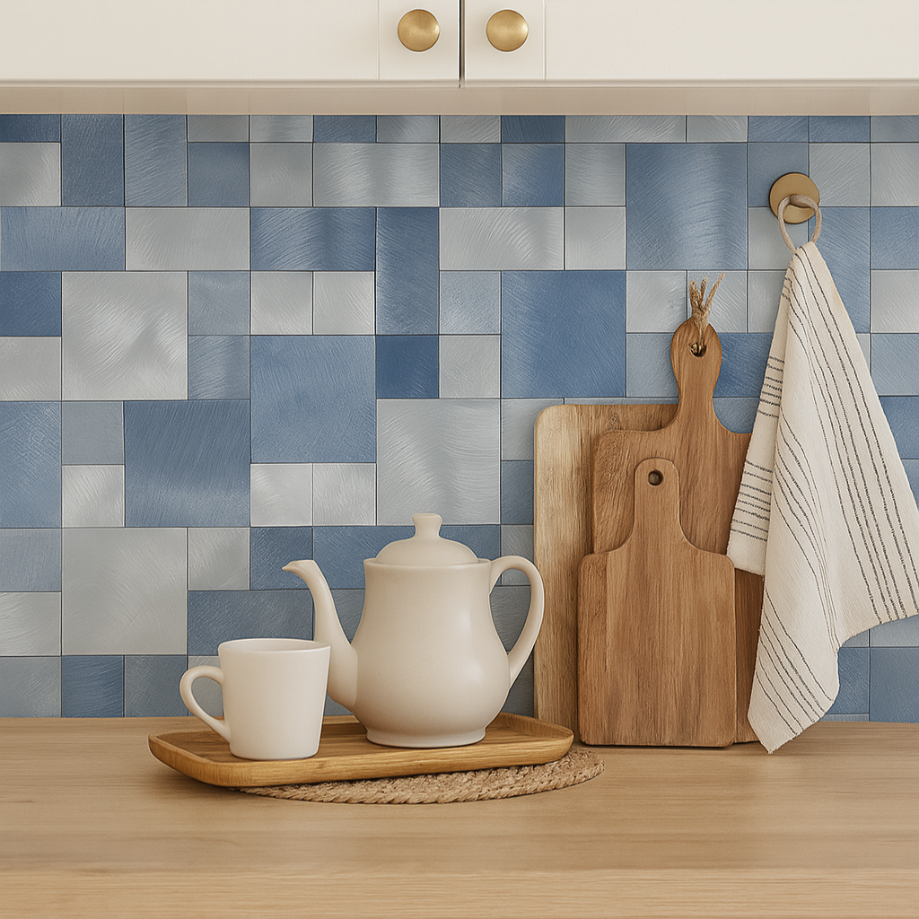 Abstrakte selvklebende veggfliser i blå og sølv med geometrisk mønster.