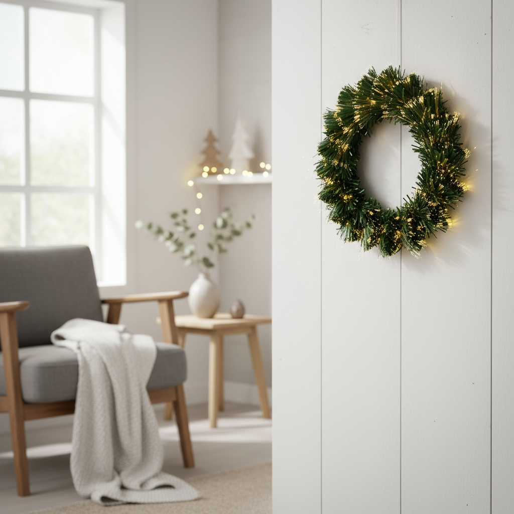 lysende krans med varmhvitt fiberoptisk lys til jul