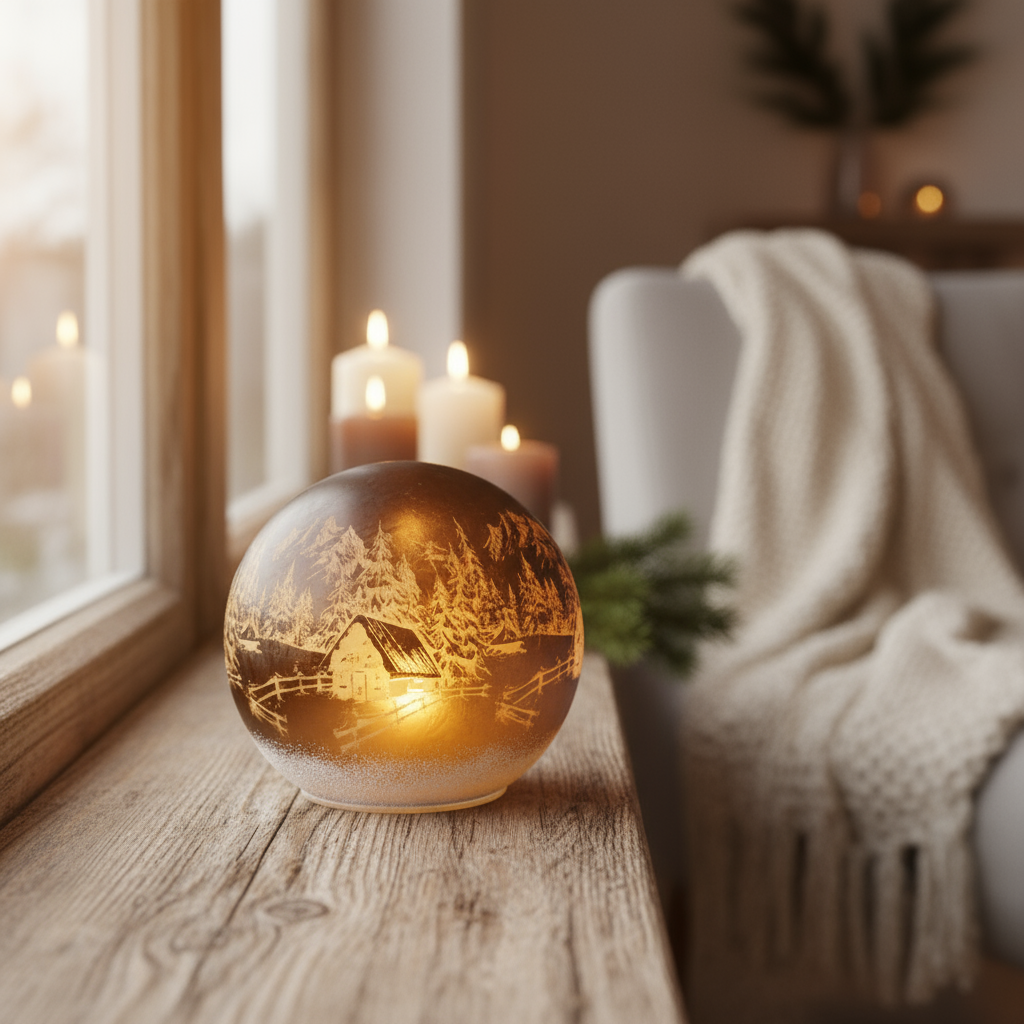 Lyslykt LED antikkbrun vinter kule – dekorativ glasskule 15 cm med vintermotiv av hytte, skog og fjell. Perfekt julepynt og vinterdekorasjon.