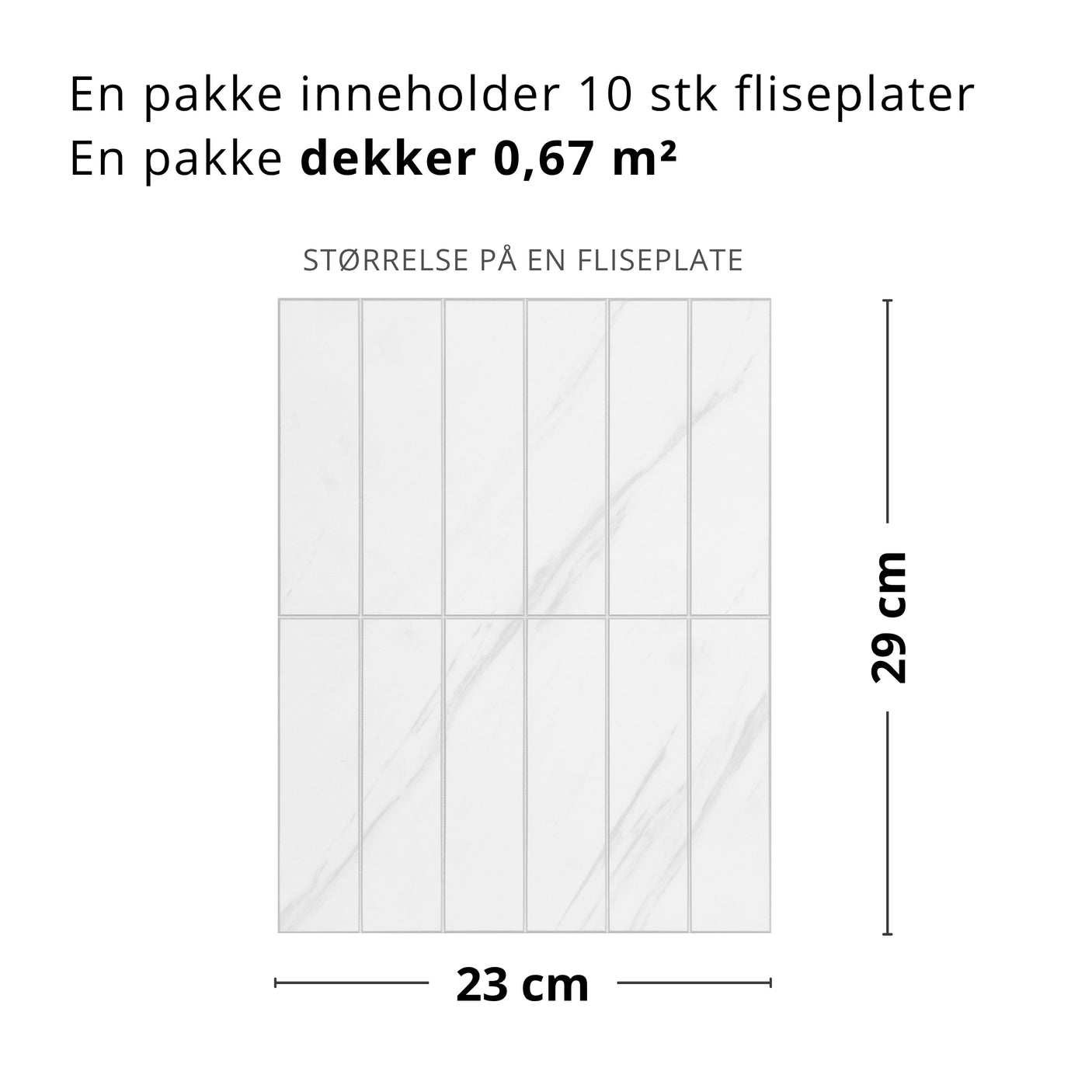 Størrelsesguide for Alma hvit marmor fliser.