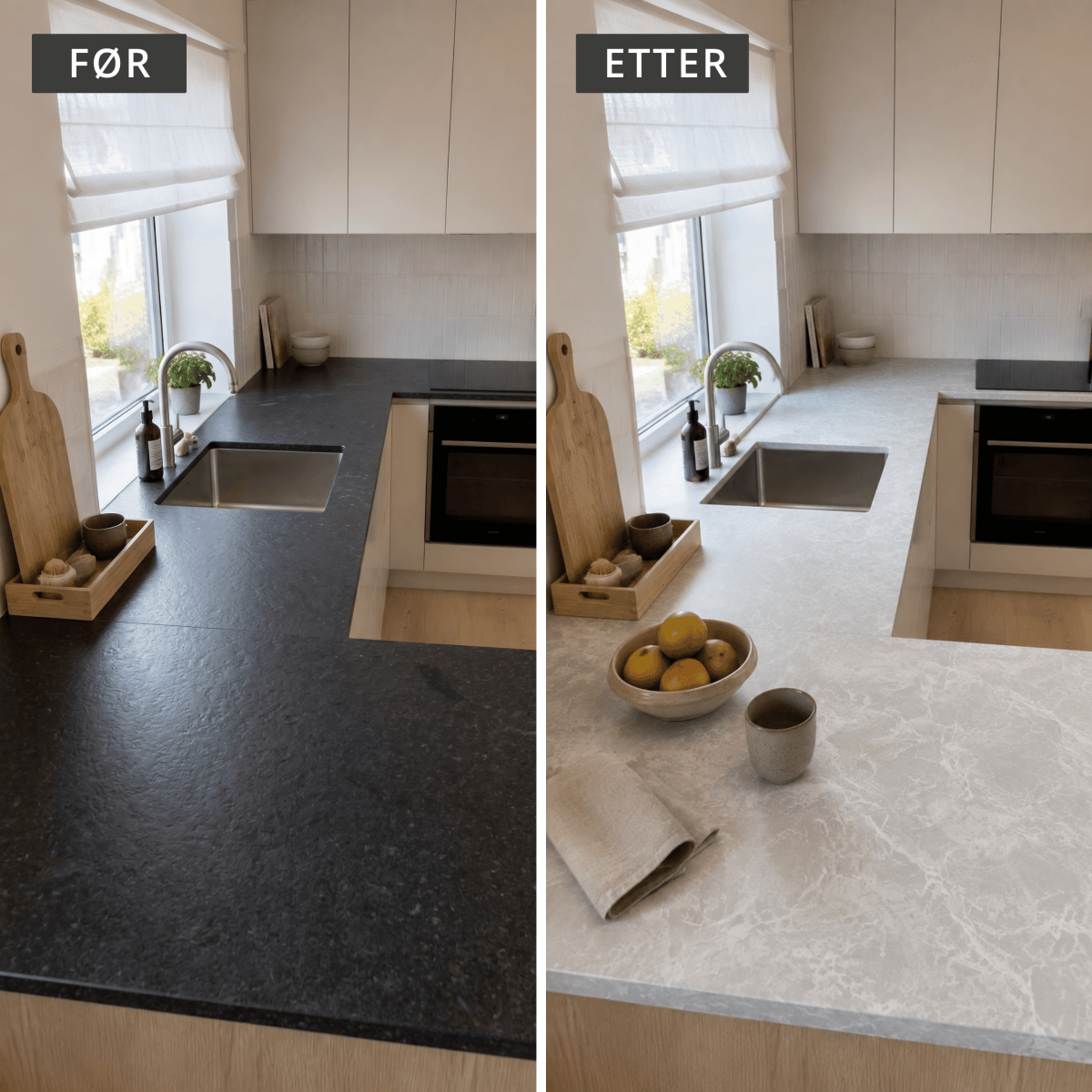 Før og etter: mørk kjøkkenbenk fornyet med Limestone mist kontaktplast i lys grå stein