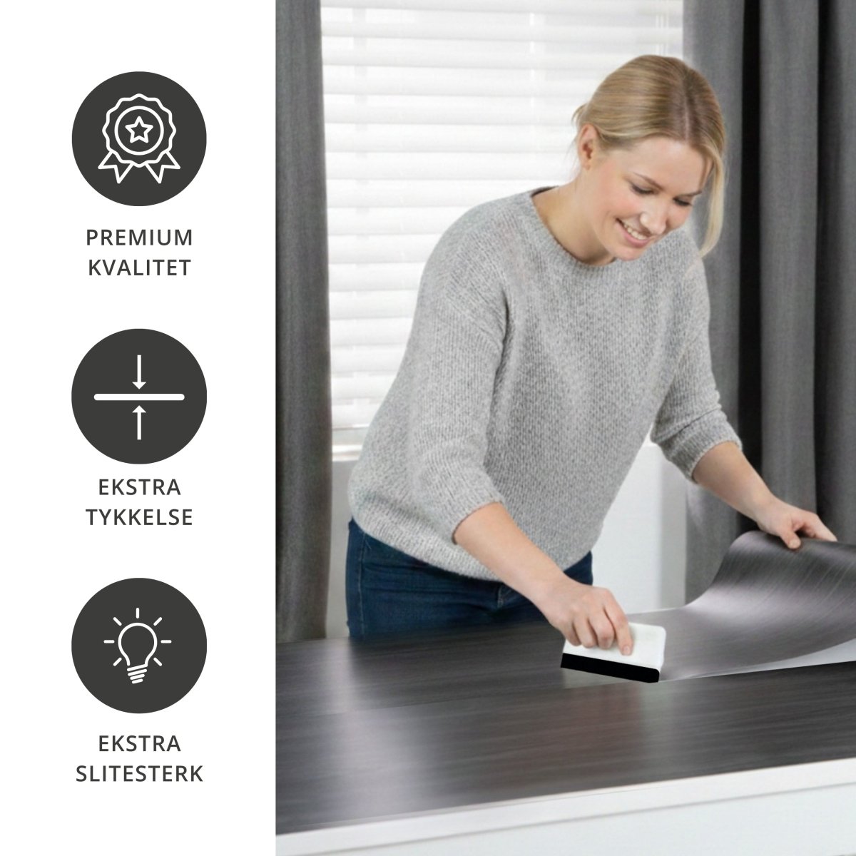 Montering av sort kontaktplast på bordplate for enkel fornyelse av møbler