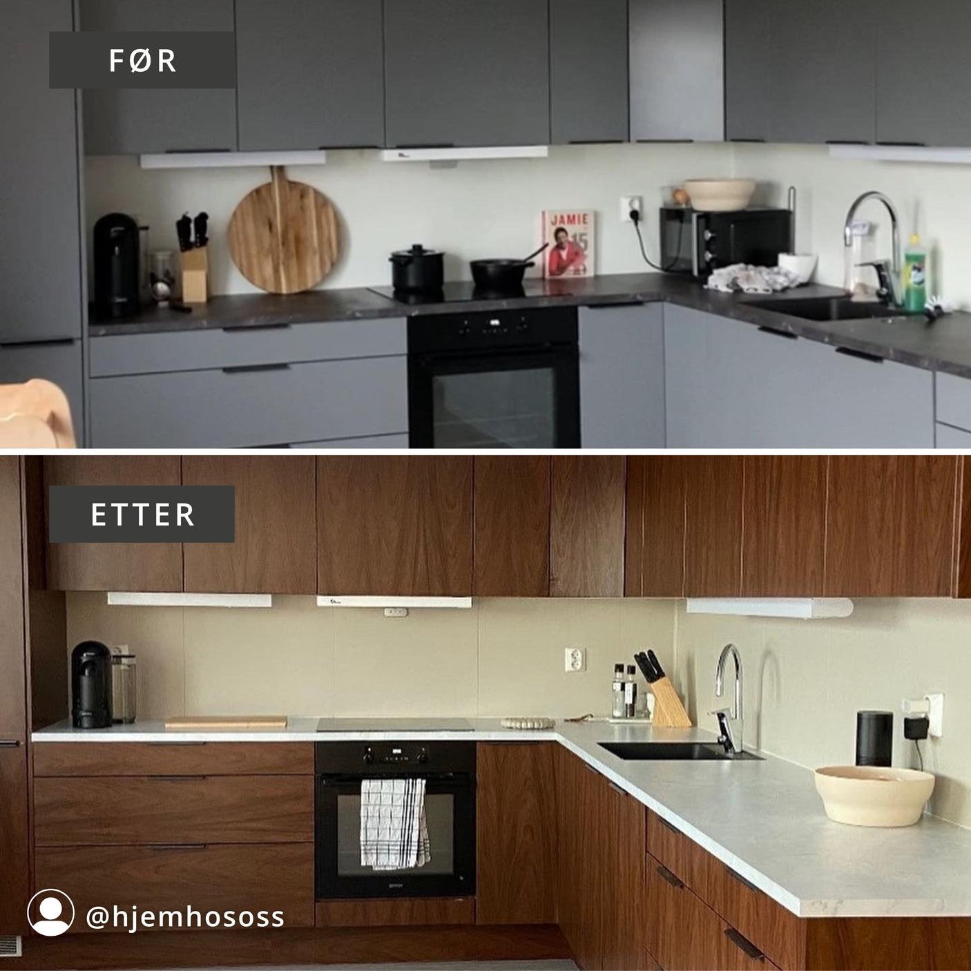 Valnøtt trefolie detalj – imiterer ekte valnøtt med naturlig tekstur. før etter