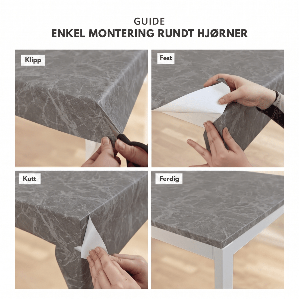 Monteringsguide for Limestone antrasitt kontaktplast rundt hjørner i fire steg: klipp, fest, kutt, ferdig