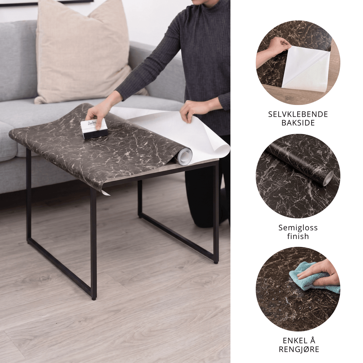 Montering av marmor kontaktplast på sofabord med sparkel, med semigloss finish og enkel rengjøring