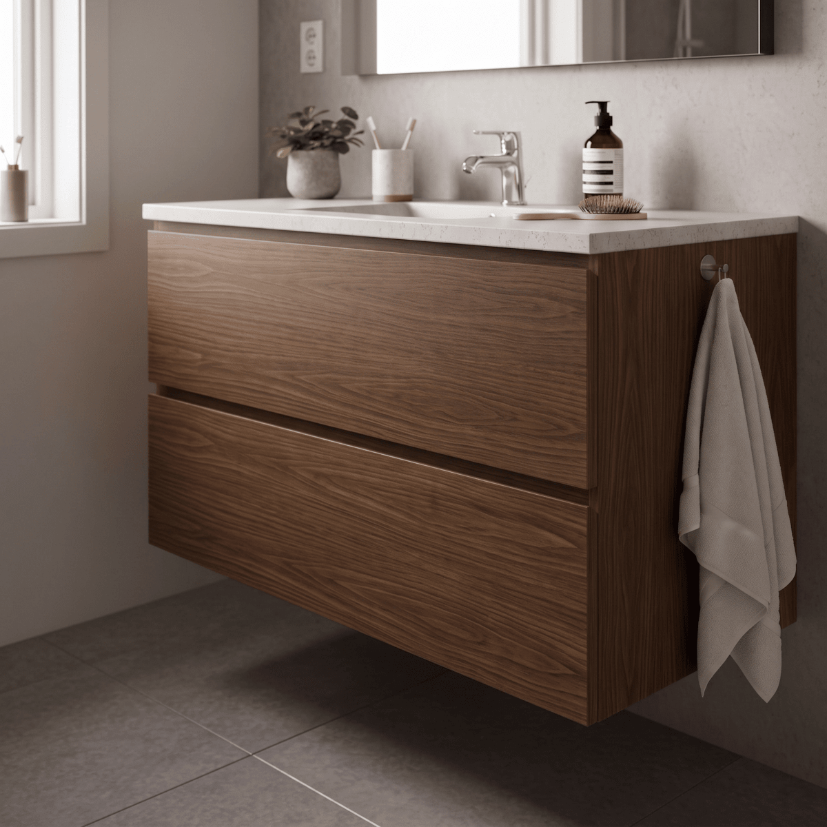 Baderomsinnredning med fronter i Walnut mocha kontaktplast under hvit vask