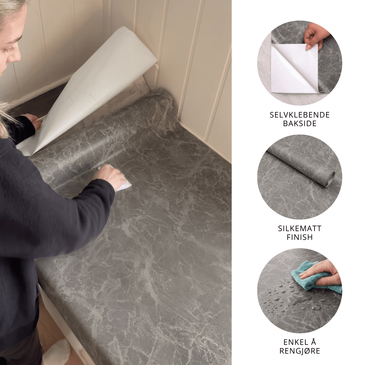 Montering av Limestone antrasitt kontaktplast på kjøkkenbenk, selvklebende bakside, silkematt finish og enkel å rengjøre