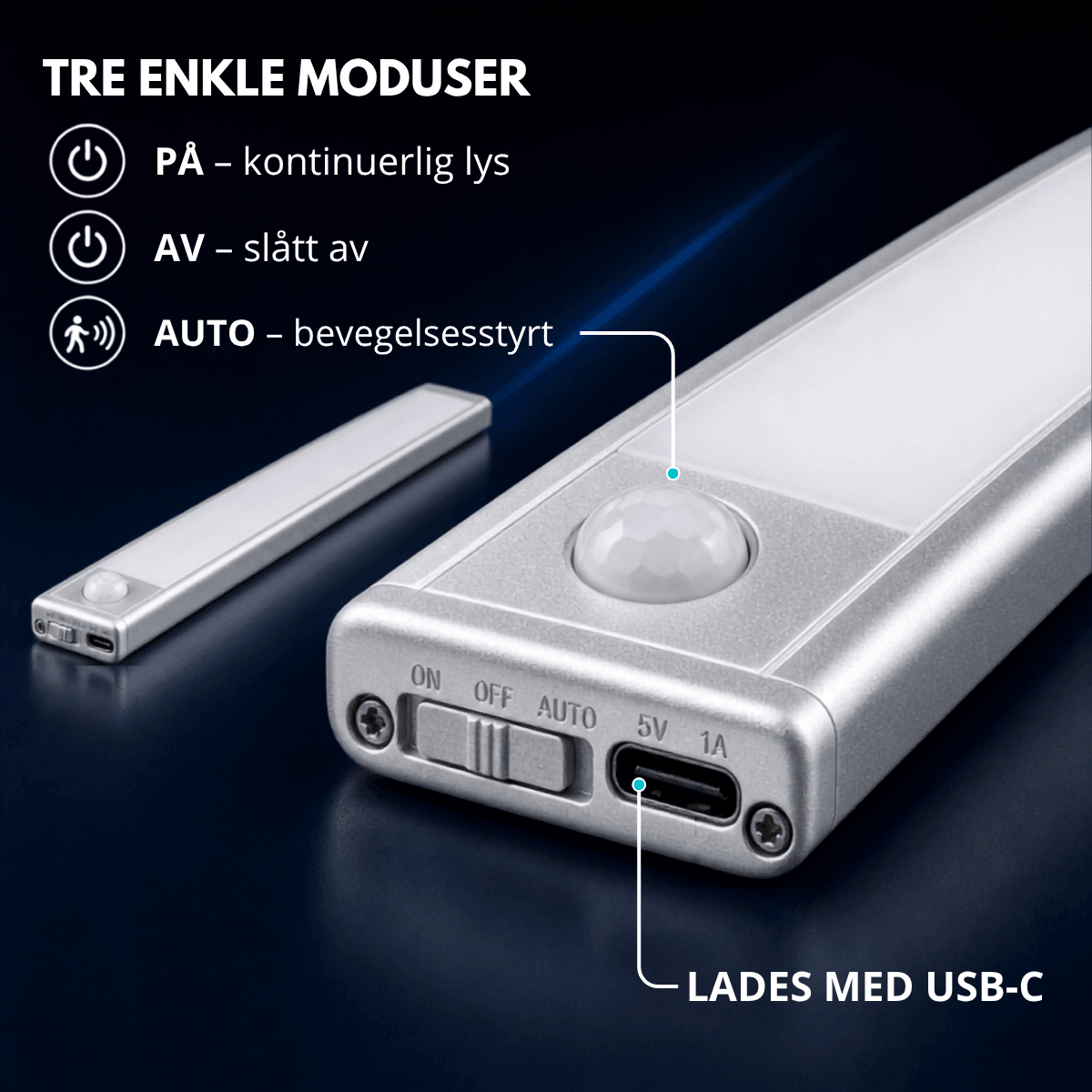 LED-list undersiden med ON/OFF/AUTO-bryter, bevegelsessensor og USB-C-port