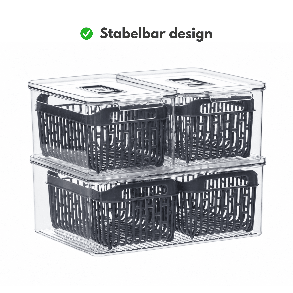 Stablebare oppbevaringsbokser til kjøleskap med transparente bokser og mørke kurver
