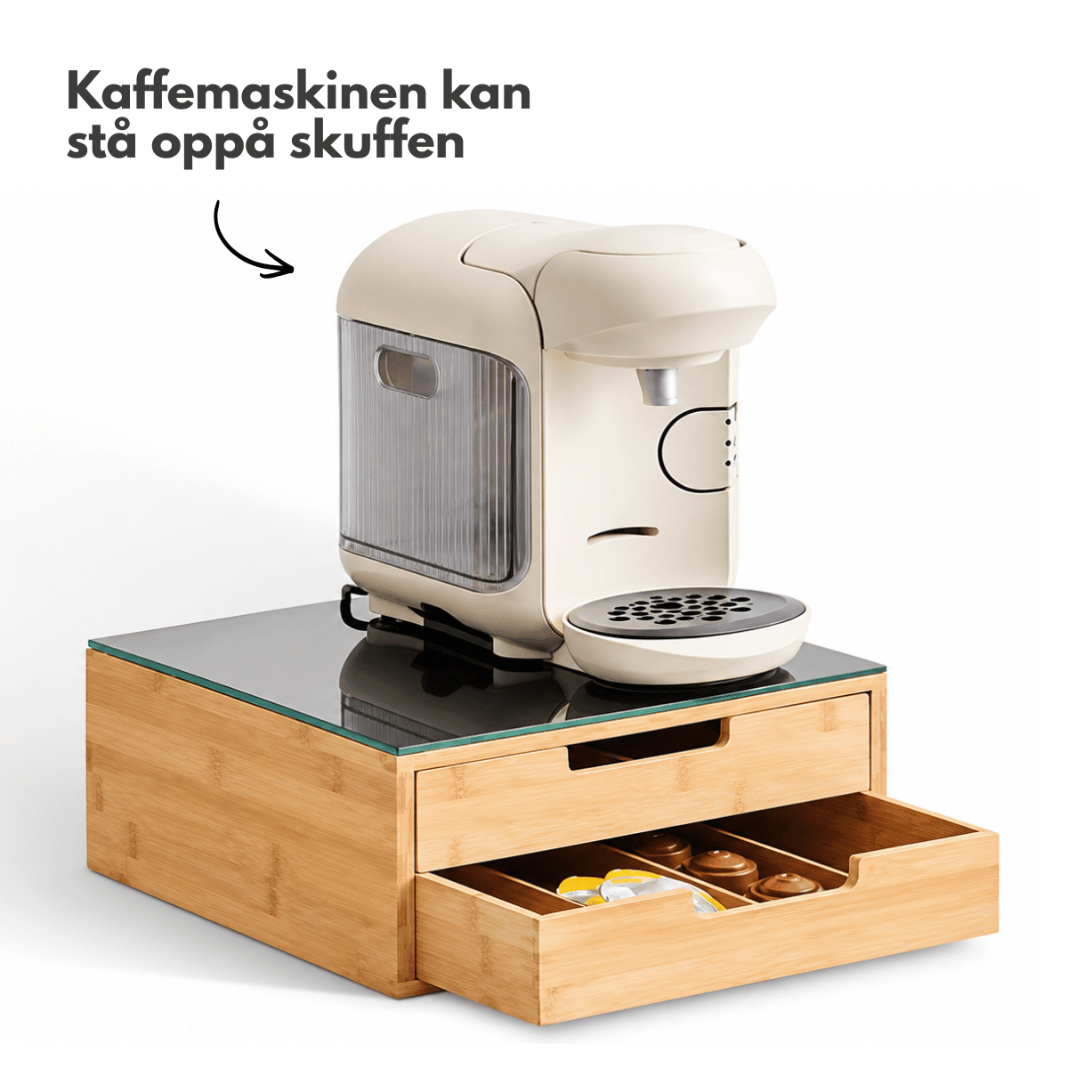 Kaffekapselhållare med 2 lådor i bambus och svart glas - Lindas Dekor kaffekapselhållare